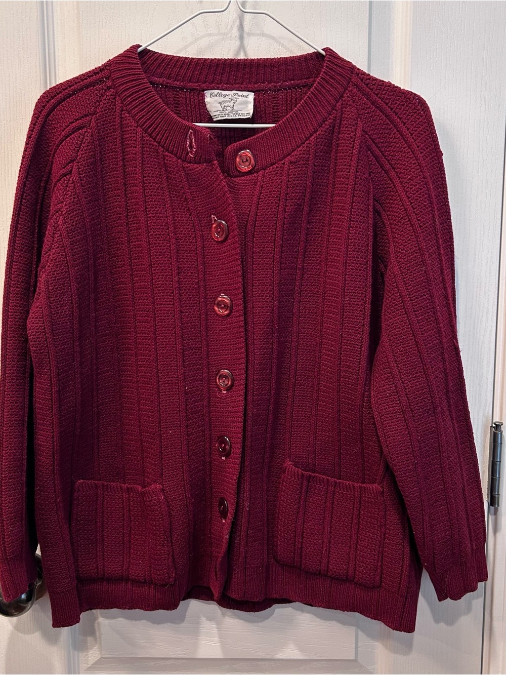 Vtg 70s 80s College Point USA Made Burgundy Button Up 100% Acrylic Cardigan LG